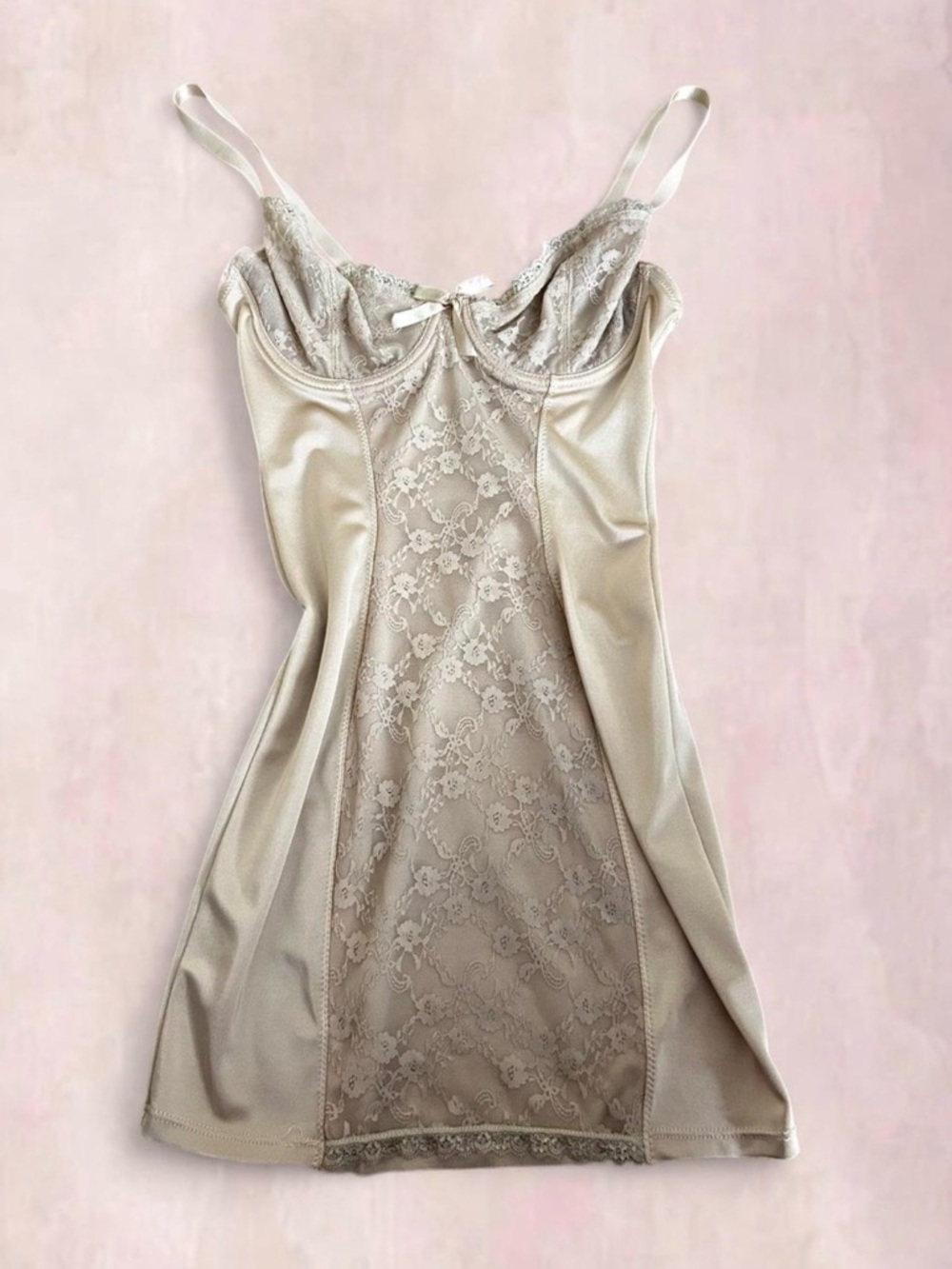 Beige Lace and Satin Shaping Slip with Adjustable Straps
